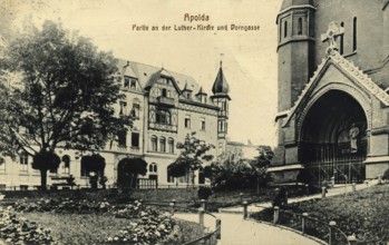 Apolda, Luther Church and Dorngasse, Weimarer Land district, Thuringia, Germany, postcard, view