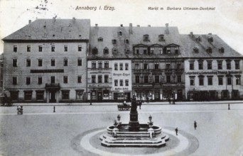 Annaberg in Saxony, market with Barbara Uttmann monument, town in the Ore Mountains,