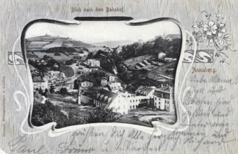 Annaberg in Saxony, railway station, town in the Ore Mountains, Erzgebirgskreis, Saxony, postcard,