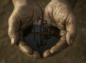 Two hands scoop oil, it reflects a drilling rig, production tower, symbolic image of energy, crude