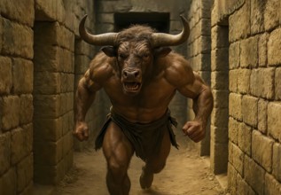 The Minotaur, the mythical creature from Greek mythology, runs through the labyrinth, symbolic