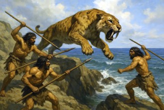 A sabre-toothed tiger, sabre-toothed cat, Smilodon (Machairodontinae) is attacked by prehistoric