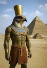 Horus with the falcon head, Egyptian god, sun god in front of the pyramids of Giza, symbolic image