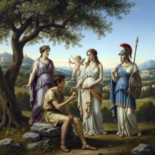 The verdict of Paris, Paris and the goddesses Athena, Hera and Aphrodite who receives the apple,