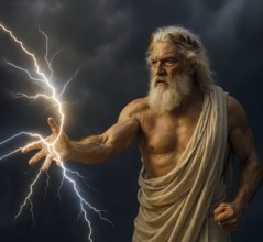 The father of the gods Zeus hurls lightning out of his hand from Olympus, symbolic image Greek