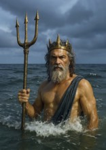 The sea god Poseidon with trident and crown in the sea, symbolic image Greek mythology, antiquity,