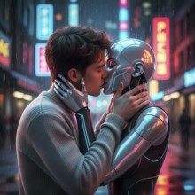 A man kisses a female humanoid robot, symbolic image cybernetics, machine, machine man, computer,