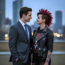 A conservative man in a suit and tie flirts with a young woman, a punk woman with red mohawk cut