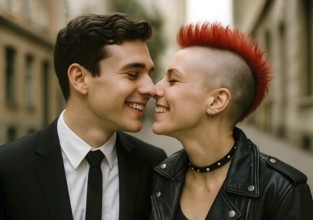 A conservative man wearing a suit and tie flirts with a punk woman with a red mohawk cut and