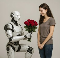 A humanoid robot kneels in front of a woman and hands her a bouquet of red roses, symbol Android,