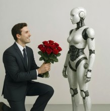 A man kneels in front of a humanoid robot and hands him a bouquet of red roses, symbol image