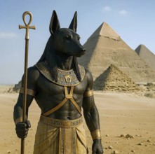 Anubis with the head of a jackal, Egyptian god in front of the pyramids of Giza, symbolic image