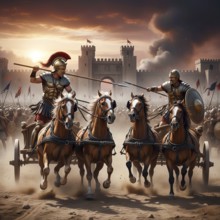 Two fighters in chariots fighting for Troy, symbol of Trojan, war, Greek mythology, Greeks,