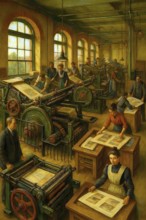 Machine room in Julius Dittenfeld's letterpress, Berlin, historical illustration from the history