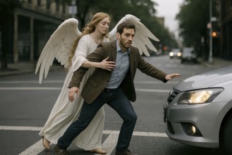 A man in a suit and tie, a manager type, is led through traffic by his guardian angel, Bible,