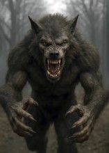 A werewolf after transformation in a dark forest, symbolic image beast, mythology, legend, horror,