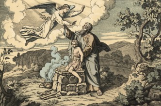 Scene from the biblical story, God asks Abraham to sacrifice his beloved son Isaac on Mount Moriah