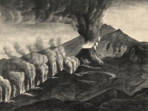 Eruption of Etna on August 29, 1874. Crevice formation and lateral cone, Sicily, Italy, authentic