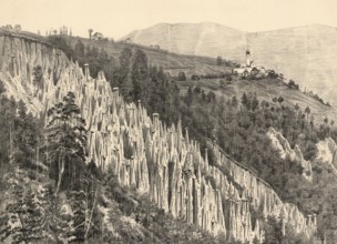 Earth pyramids on Ritten near Bolzano, South Tyrol, Italy, authentic reproduction of a school