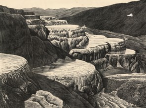 Lime sinter heels in the marble basins in Yellowstone Park, America, authentic reproduction of a