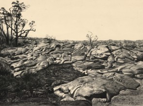 Kilauea lava flow, Hawaii, volcano, eruption from 1885, America, authentic reproduction of a school