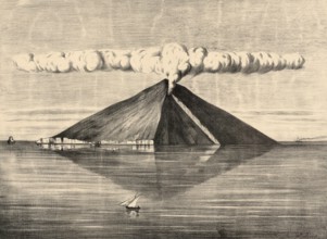 Stromboli volcano, seen from the northwest, Lipari Islands, Italy, authentic reproduction of a