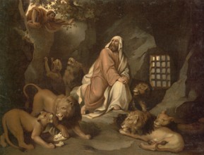 Scene from the biblical story, Daniel in the lion's den, well-known biblical story in which the