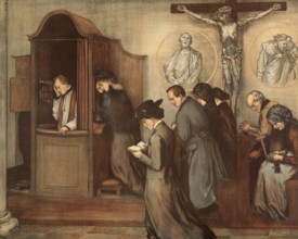 Scene from the biblical story, confession of sins in front of a priest, authentic reproduction of a