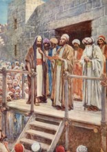 Scene from the biblical story, Ezra taught the law (the Torah) after his arrival in Jerusalem with