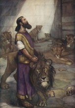 Scene from the biblical story, Daniel in the lion's den, well-known biblical story in which the