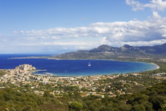 View of Calvi Citadel and Calvi Bay, in the background Cap Corse, Haute-Corse Department, Balagne,