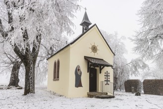 Schoenstatt Chapel Ennabeuren with hoarfrost in winter. Tourist attraction in the Swabian Jura.
