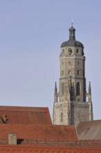 Late Gothic St. Georg church with Daniel church tower, roofs, Nördlingen, Bavaria, Germany