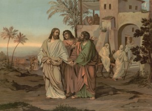 Scene from the biblical story, On the Day of Jesus' Resurrection, two disciples, one of them named