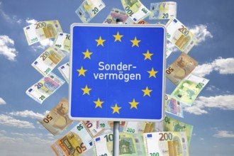 (Photo montage) Text SPECIAL ASSETS on the border sign of the Federal Republic of Germany with euro
