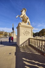 Castle bridge, entrance portal, horse sculpture, car bridge and footbridge, sidewalk, sandstone