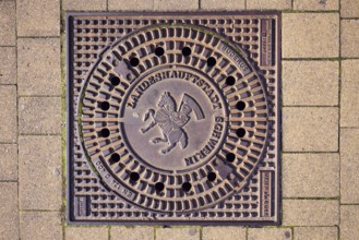 Manhole cover, city coat of arms, concrete paving stone walkway, Schwerin, state capital,
