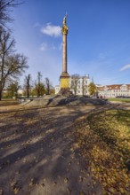 Victory column, general architecture, houses, trees with autumn leaves, meadow, fallen leaves, blue