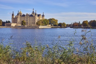 Castle, lake Burgsee, reed (Phragmites australis), trees, bushes, water surface with small waves,
