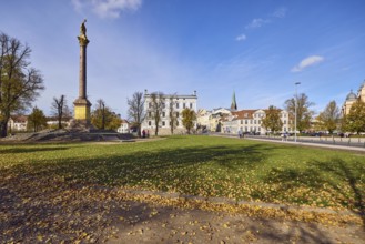 Victory column, general architecture, houses, trees with autumn leaves, meadow, fallen leaves,