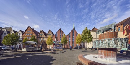 Pastor sin Kauh fountain, bronze sculpture, sculptor Stephan Horota, historic half-timbered houses,
