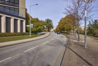 General architecture, modern buildings, pavement made of concrete paving stones, road made of