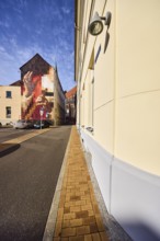 Residential buildings, apartment buildings, modern façade painting, brick sidewalk, asphalt road,