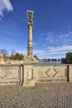 Sandstone wall, lantern, paving stone sidewalk, general architecture, trees, Schweriner Innensee