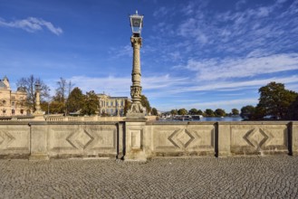 Sandstone wall, lantern, paving stone sidewalk, general architecture, trees, Schweriner Innensee