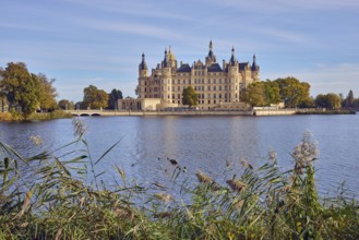 Castle, lake Burgsee, reed (Phragmites australis), trees, bushes, car bridge and pedestrian bridge,