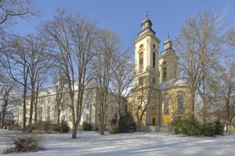 Baroque castle church in winter with snow, castle garden, Teutonic Order Castle, Bad Mergentheim,