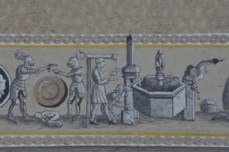 Historical wall by artist group Kollektiv K 2020, wall painting depicting historic city history,