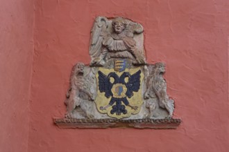 City coat of arms with double eagle, Old Town Hall, Market Square, Bopfingen, Härtsfeld, Swabian