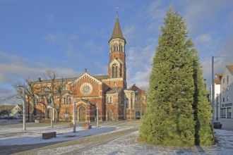 St. Martin's Church built in 1867 and Christmas tree, brick church, Nattheim, Härtsfeld, Swabian